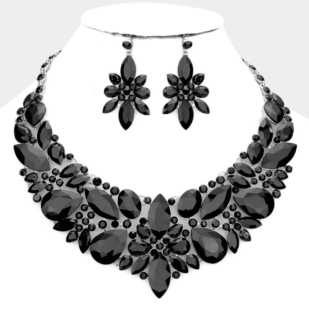 Black Crystals Multi Stone Statement Necklace Set Glamorous Evening Wear Jewelry